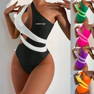 2025 une épaule une pièce maillot de bain femmes ventre contrôle maillots de bain femmes Sexy chaud à lacets coupe haute contraste couleur - Product Image 2