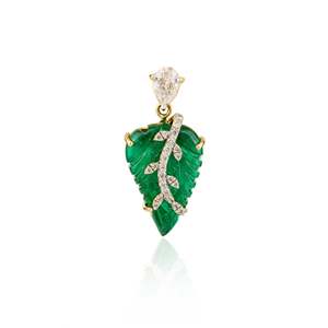 18K Solid Yellow Gold 9.99 Carat Carved Leaf <b>Emerald</b> Fine <b>Pendant</b> Brooch - Product Image 3
