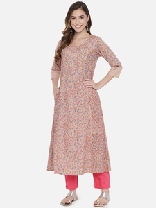 Ensemble Kurti en coton pour femme, imprimé à la main, manches trois quarts, coupe ample, longueur cheville, robe ethnique vintage, tenue décontractée - Product Image 1