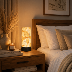 Modern Botanical Leaf Printed Linen Table Lamp | Decorative Bedside <b>Night</b> <b>Light</b> | Living Room Desk Lamp | Warm Ambient Home - Product Image 4