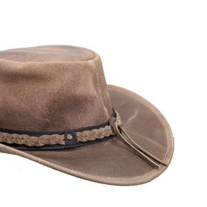 Distressed Nubuck Leather Outback <b>Hat</b> Vintage Brown Wide Brim Bush <b>Hat</b> with Slim Braided <b>Band</b> - Product Image 3
