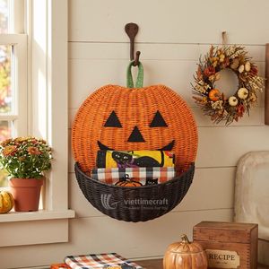Panier mural tressé d'Halloween en forme de citrouille, organiseur mural en rotin Jack-O'-Lantern avec boucle de suspension - Product Image 2