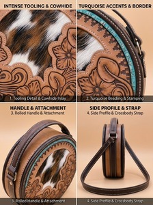 Sac à bandoulière demi-lune en cuir véritable gaufré, motif vache brodé, doublure en coton, sac à l'épaule vintage western pour femme 1L - Product Image 2