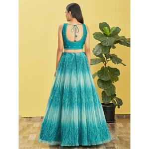 Impresionantes vestidos de recepción de organza bordados en azul Lehenga Choli - Product Image 3