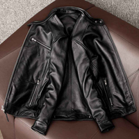 Veste de moto en cuir de vache véritable noir pour homme, imperméable, col montant, fermeture éclair, coupe classique, couleur unie, pour l'automne