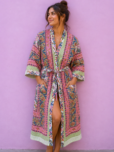 Robe kimono élégante en pur coton à motifs floraux pour femme, longue robe de détente, peignoir fait main à motifs imprimés, tenue de spa, couverture de mariée avec poches - Product Image 3