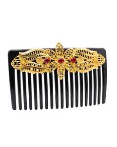 Peigne à cheveux élégant en acétate noir avec motif floral doré et pierres rouges 13 CM pour mariage et fête - Product Image 3
