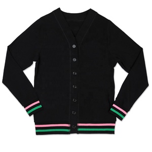 Cardigan noir à col en V pour femme, manches longues, couleur unie, tricoté, rayures roses et vertes, fermeture boutonnée, vêtements décontractés d'automne - Product Image 1