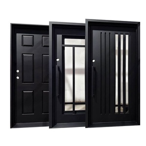Porte d'entrée contemporaine en fer forgé avec panneaux de verre géométriques et un design résistant à la rouille, adaptée à une utilisation extérieure - Product Image 3