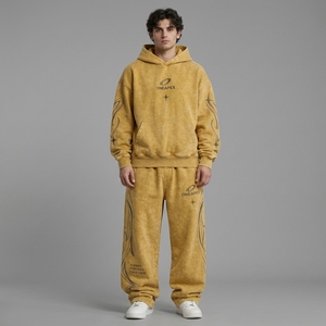 Men's <b>Yellow</b> <b>Tracksuit</b> Oversized Hoodie Sweatpants Set Streetwear <b>Tracksuit</b> Custom Embroidery Logo Heavyweight Cotton - Product Image 1