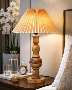 Handcrafted Wooden <b>Table</b> Lamp Pleated Fabric Shade <b>Vintage</b> <b>Bedside</b> Nightstand Lamp Indoor Home Decor - Product Image 5