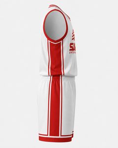 Basketball Uniform Set White <b>Red</b> Sublimated Mesh Jersey Shorts Unisex Adult Athletic Wear - Product Image 3