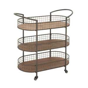 Chariot de cuisine mobile à 3 niveaux blanc avec plateau en bois et paniers métalliques coulissants sur roulettes - Product Image 3
