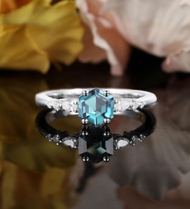 Hexagon Shape Alexandrite 14K Gold Plated Sterling Silver Geometric Engagement Ring Moissanite Prong Setting Color <b>Change</b> - Product Image 1
