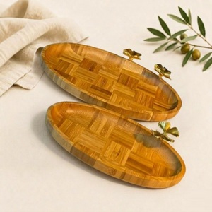Premium Handcrafted Oval Wooden Serving Tray Eco-Friendly Checkered <b>Bamboo</b> Platter For Appetizers Snacks And Home Decoration - Product Image 4