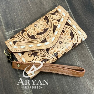 Low Price Fashionable Western Style Genuine Cowhide Leather Cowgirl Wallet Floral Pattern <b>Wristlet</b> Clutch for Travel Organizer - Product Image 1