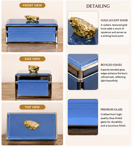 Royal <b>Blue</b> Glass Jewelry Storage Box with Gold Accent Natural Stone Knob Beveled Edges Glossy Finish Decorative Keepsake - Product Image 2