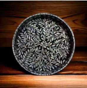 Handcrafted Bone Inlay Round Tray <b>Black</b> Floral Eco-Friendly Decorative Serving Tray for Birthday/Wedding/Ramadan Home Decor - Product Image 1