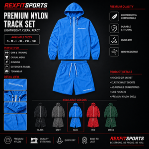 REXFIT SPORTS 2026 ชุดวอร์มไนลอนผู้ชายแบบขายส่งสั่งทำพิเศษ เสื้อแจ็คเก็ตกันลมมีฮู้ดและกางเกงขาสั้น ชุดกีฬาวิ่งออกกำลังกายน้ำหนักเบา - Product Image 1