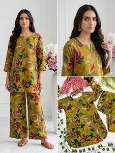 Ensemble coordonné pour femme à imprimé floral de qualité supérieure, vert olive, tunique longue en coton, pantalon large, tenue deux pièces, décontractée, été, non tissé - Product Image 4