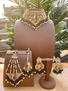 Modern Afghan Gold Chain <b>Necklace</b> Featuring Emerald Green And <b>Ruby</b> Red Rectangular Crystals In A Floral White - Product Image 3