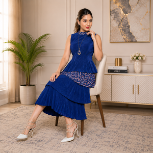 Robe midi élégante en coton bleu sans col à manches longues, coupe trapèze, imprimé floral, respirante, style décontracté printemps-été - Product Image 6