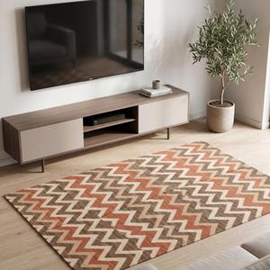 Tapis en laine tissé à la main de qualité supérieure, tissage plat, marron terre cuite, motif chevron en zigzag, géométrique, moderne, pour salon, décoration de sol - Product Image 5