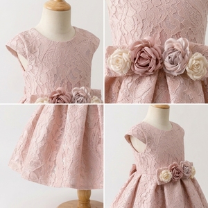 Robe de princesse opulente personnalisée pour filles, rose poudré, en dentelle florale, longueur genou, en satin respirant, robe de soirée avec fleur 3D à la taille pour demoiselle d'honneur - Product Image 3
