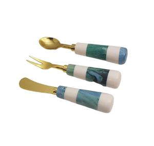 Contemporary mirrored steel cutlery <b>set</b> with <b>speckle</b> cream resin handles five piece flatware for minimalist dining decor stylish - Product Image 3