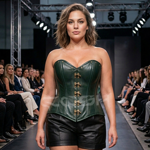Corset en cuir vert à baleines en acier, style overbust, avec clous et fermoirs anciens - Product Image 4