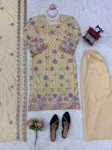 TENNECY Designer Vichitra Silk Thread Sequence <b>Top</b> Plazzo Suit Dupatta Party Style All Seasons Stretchable Wrinkle-Free - Product Image 4