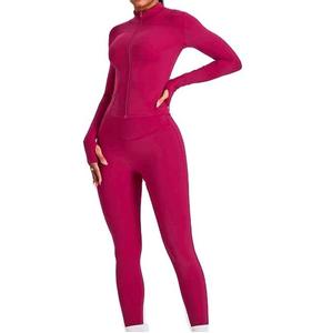 Conjunto de yoga de manga larga con cremallera, color rosa, efecto levanta glúteos, transpirable, elástico, sin costuras, sexy, para chicas, venta al por mayor. - Product Image 3