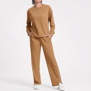 Women's Casual Summer Loose Fit Long Sleeve V-Neck Solid Two-Piece Cotton Polyester <b>Knitting</b> <b>Set</b> XL XXL Sizes - Product Image 3