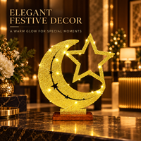 Lampe de table en forme de croissant de lune et d'étoile avec paillettes dorées pour l'Aïd du Ramadan, avec LED blanc chaud sur base en bois pour la décoration de la maison