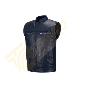 Gilet de motard en cuir véritable noir de qualité supérieure pour homme – Gilet de moto sans manches avec poches zippées et col montant - Product Image 1