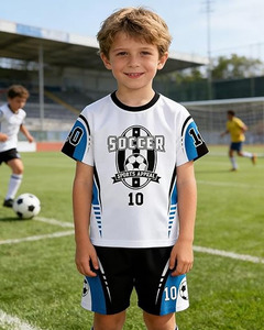 Conjunto de Uniforme de Fútbol para Niños - Jersey Blanco y Azul Personalizado, Impresión Sublimada 100% Blanca y Azul - Product Image 2