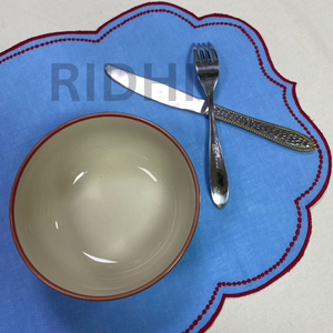 <b>Blue</b> Linen <b>Placemat</b> With Scalloped Red Embroidered Edge Table Mats for Dining, Modern Tableware, Reusable Elegant Kitchen Decor - Product Image 5