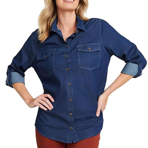 Camisas Vaqueras Elegantes para Mujer, 100% Algodón Orgánico, Dos Bolsillos Delanteros, Corte Casual, Estilo Vaquero, Camisa Vaquera Ajustada OEM - Product Image 4