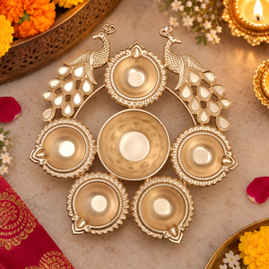 Indian New Arrival Golden Peacock Border <b>Metal</b> Urli <b>Bowl</b> with Multiple Candle Holders for Diwali & Festive Home Decoration - Product Image 2