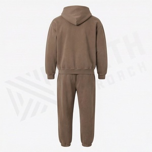Unisex Brown Hooded <b>Tracksuit</b> Full Zip Sweatshirt With Drawstring Pants Solid Color Casual Wear Autumn Cotton Fabric Regular Fit - Product Image 2