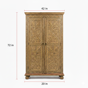 Premium Quality Hand Carved Solid Wood Double Door <b>Wardrobe</b> with Majestic Branches Panel Design for Bedroom at Export Price - Product Image 5