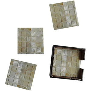 Juego de posavasos de nácar hechos a mano con soporte de madera, posavasos de lujo con incrustaciones de concha, mosaico de nácar natural para tazas, en venta. - Product Image 1