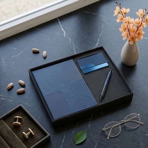 Ensemble cadeau de luxe Aurelux : agenda en cuir relié, porte-cartes, stylo, papeterie de bureau haut de gamme, planificateur d'affaires, bleu, 192 pages - Product Image 2