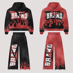 Survêtement surdimensionné en coton 100% avec logo personnalisé, sweat à capuche orné de strass et pantalon évasé imprimé - Product Image 5