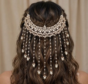 Bijou de tête de mariée indien traditionnel CZ Choti Patti en gros, avec pampilles perlées multi-brins, ornement capillaire de mariage - Product Image 5