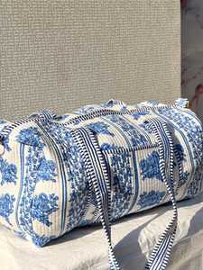 Handmade Bohemian Indigo Printed Duffle Bag with Two Straps Quilted Cotton Weekender/Yoga/Gym - Product Image 3