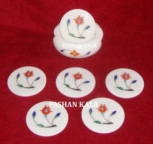Beautiful Handmade White Marble Round Shape Floral Inlay Design <b>Tea</b> <b>Coaster</b> Sets Use For Home Decoration And Business Gifts Item - Product Image 5
