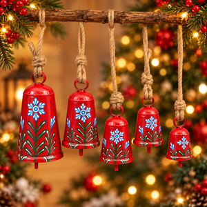 Conjunto de Campanas de Inspiración Folclórica Europea en Hierro Rojo Brillante con Pétalos Azules y Follaje Verde para Colecciones Navideñas de Boutique - Product Image 2