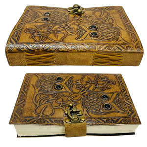 Cuaderno de bocetos vintage de 200 páginas, 7x5, con hojas plegables, borde deshilachado, diario de cuero con grabado de búho, tapa dura de piedra negra - Product Image 4