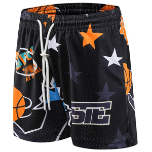 Pantalones cortos de baloncesto negros para hombre con estrellas naranjas y estampado de logotipo, cierre con cordón de malla transpirable, ropa deportiva de verano - Product Image 1